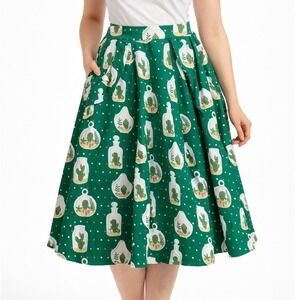 Collectif x ModCloth Skirt Womens XS Green Cactus Terrarium Polka Dot Midi Skirt